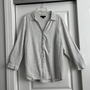 Tahari Women’s Linen Blend Button Front Tunic Blouse Top Striped White 1X